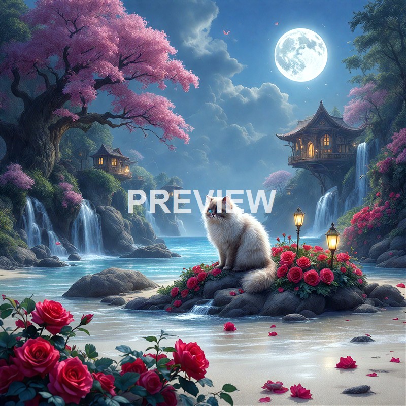 A serene, fantastical landscape featuring a white cat with blue eyes sitting on a rock surrounded by pink roses and glowing lanterns, under a bright full moon with waterfalls, pink blossoming trees, and fairy-tale-style houses perched on cliffs in the background.